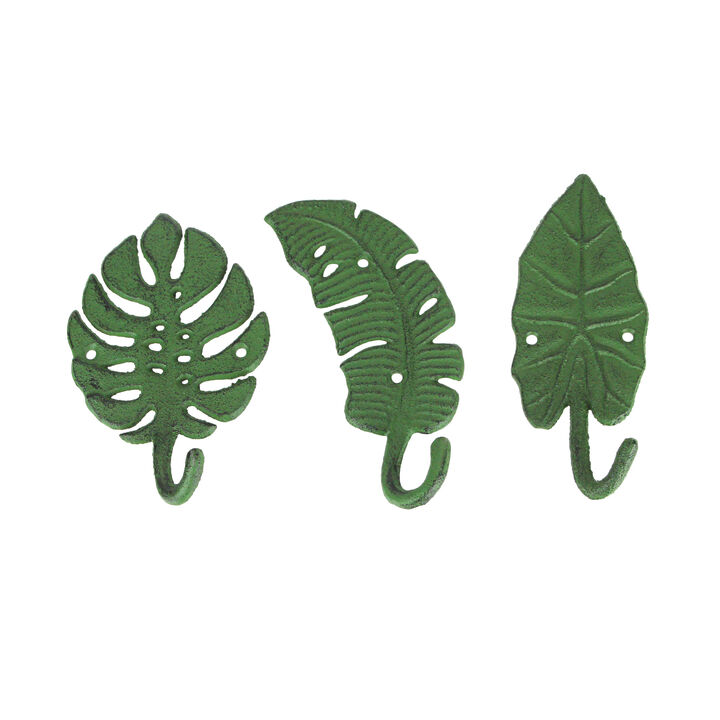 Set of 3 Cast Iron Green Tropical Leaf Decorative Wall Hooks - Functional and Stylish - 6 Inches High - Beach Elegance - Perfect for Towels, Coats, and More