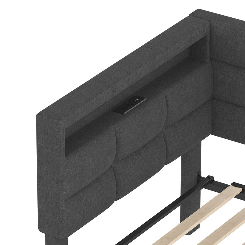 Merax Twin Size Upholstered Daybed with Storage 2 Drawers, Charging Station, LED Lights & Storage Headboard