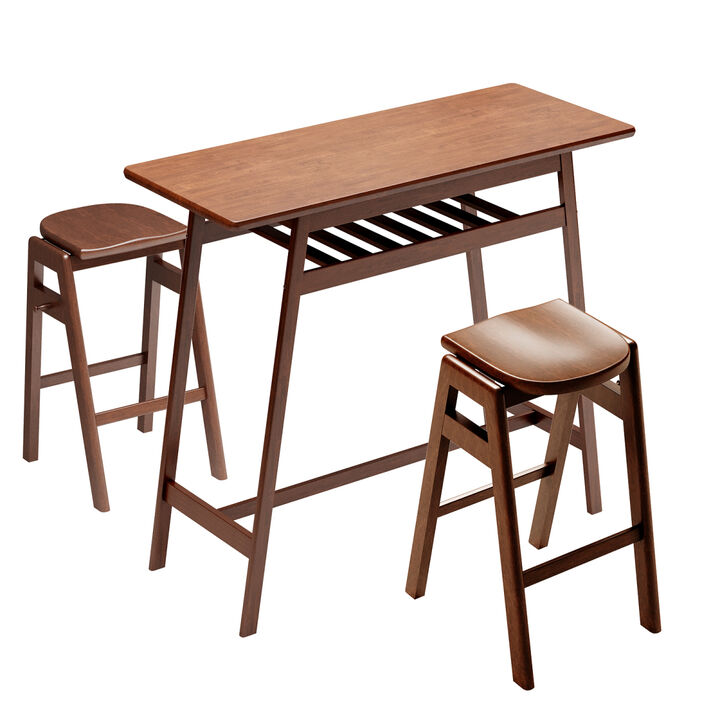 3 PCS Pub Dining Set Retro Bar Table Rubber Wood Stackable Backless High Stool for 2 with Shelf and Hooks for Home Bar Small Space