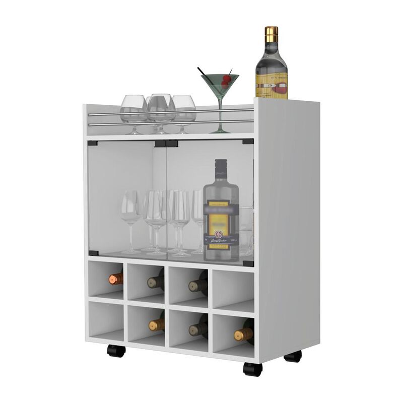 Bar Cart with 8-Bottle Holder, Glass-Paneled Cabinet and Aluminum-Touched Top
