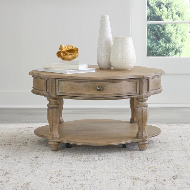 Liberty Furniture Magnolia Manor Round Cocktail Table in Weathered Bisque