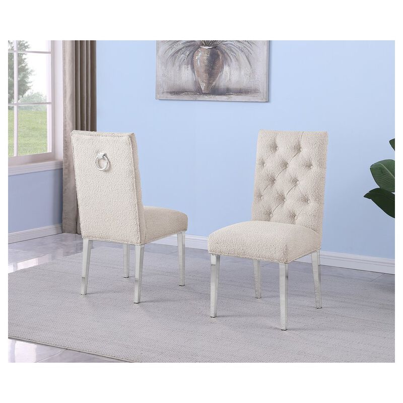 Best Quality Furniture Cream Boucle Fabric With Silver Chrome Base Dining Chairs (Set Of 2)