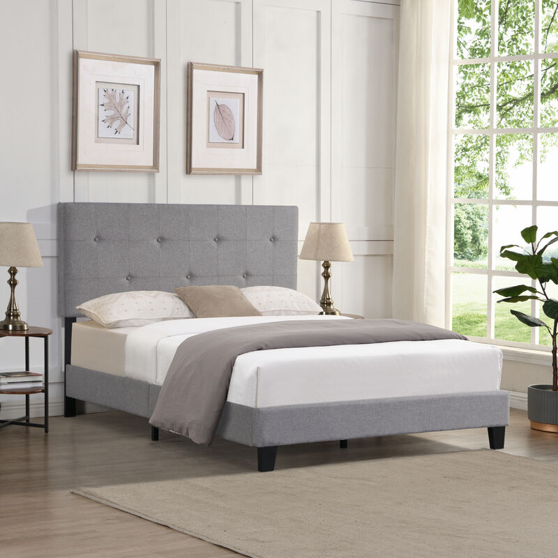 Full Size Upholstered Platform Bed Frame with Modern Button Tufted Linen Fabric Headboard, No Box Spring Needed, Wood Slat Support, Easy Assembly, Grey