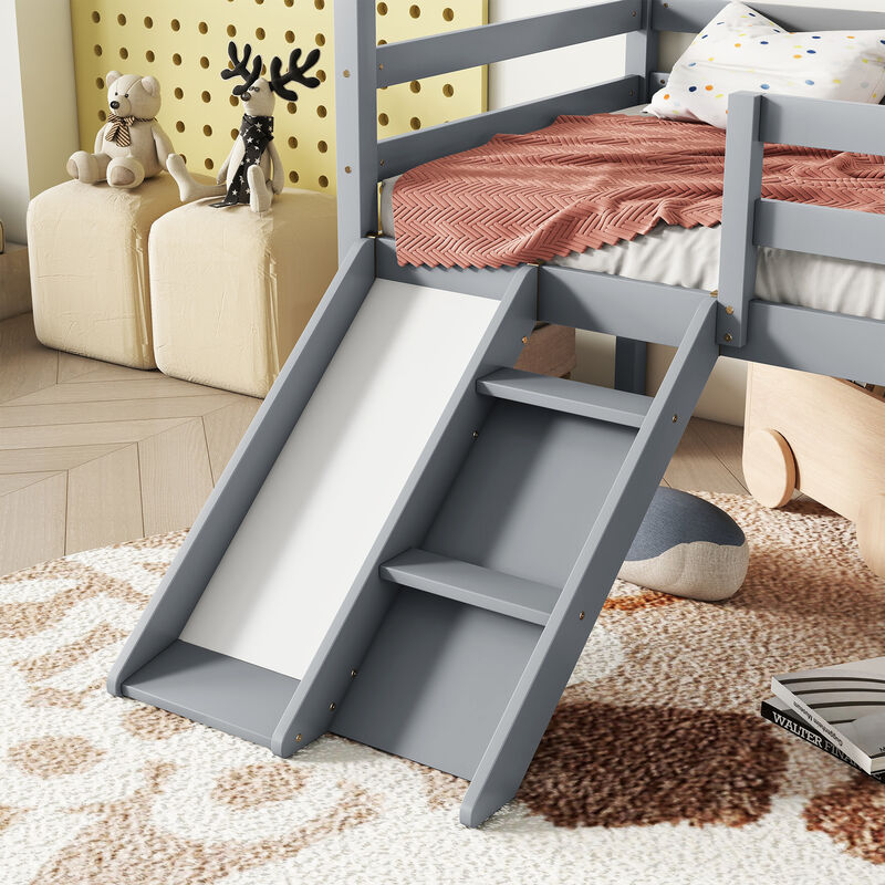 Whisen Twin Low Loft House Bed with Fun Slide, Secure Ladder, and Playful Roof Frame image number 5