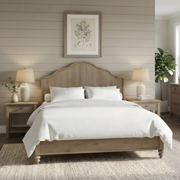 FurniFact Rubberwood and Mindi Veneer King Panel Bed with Tall Headboard, Sand
