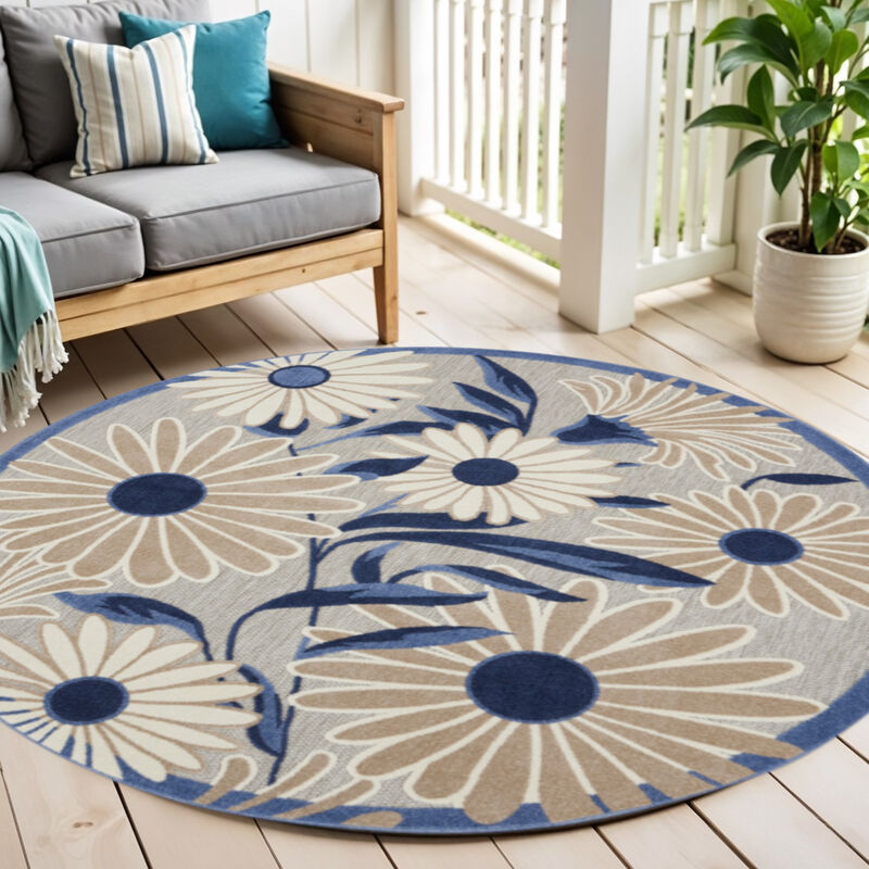 HomeRoots 5' Blue And Gray Round Floral Indoor Outdoor Area Rug image number 1
