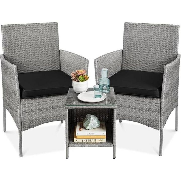 Hivvago 3-Piece Grey PE Wicker Outdoor Patio Furniture Dining Set with Black Cushions