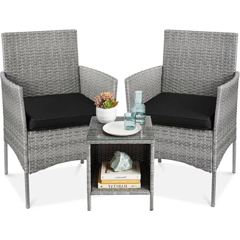 Hivvago 3-Piece Grey PE Wicker Outdoor Patio Furniture Dining Set with Black Cushions