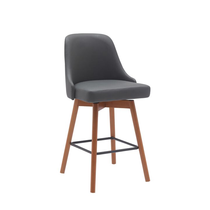 Sean 26 Inch Counter Stool Chair, Swivel, Parson, Gray Faux Leather, Brown - Benzara