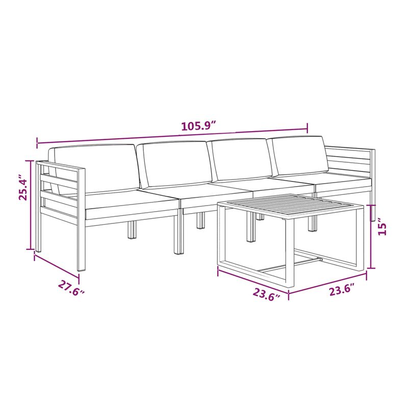 Shina 5pc Outdoor Set with Table, Sofa, and Chairs, Black Polyester - Benzara