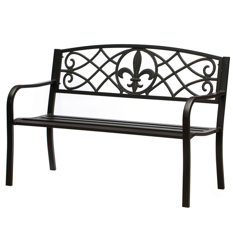 Outdoor Garden Patio Steel Park Bench Lawn Decor with Cast Iron Unique Design Back, Black Seating Bench for Yard, Patio, Garden, Balcony, and Deck