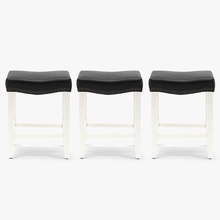 WestinTrends 24" Upholstered Saddle Seat Antique White Counter Stool (Set of 3)
