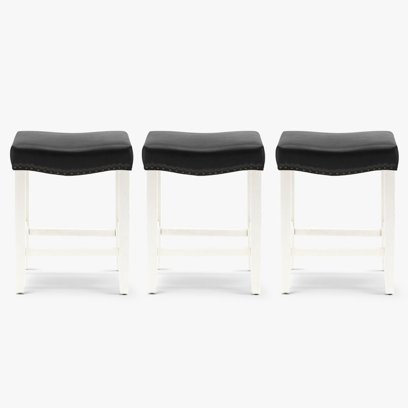 WestinTrends 24" Upholstered Saddle Seat Antique White Counter Stool (Set of 3)
