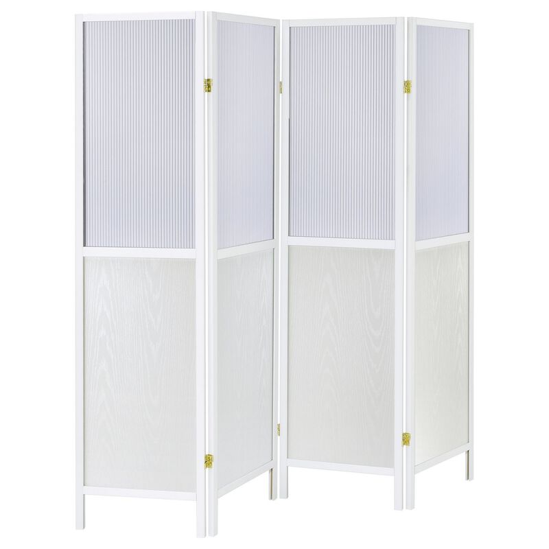 Matt 4 Panel Screen Room Divider, Folding Modern White Finish, 70 Inch - Benzara
