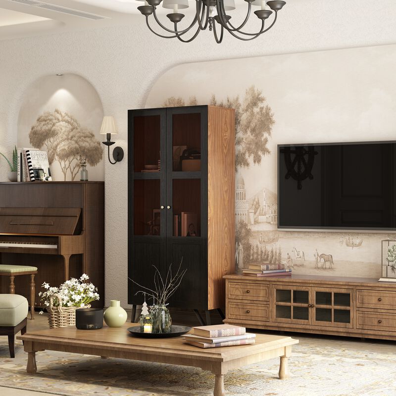 70.7 in. H Brown Wood 2 Acrylic Door Accent Cabinet W/3-Tier Shelves and Metal Legs Storage Cabinet Bookshelf Cupboard