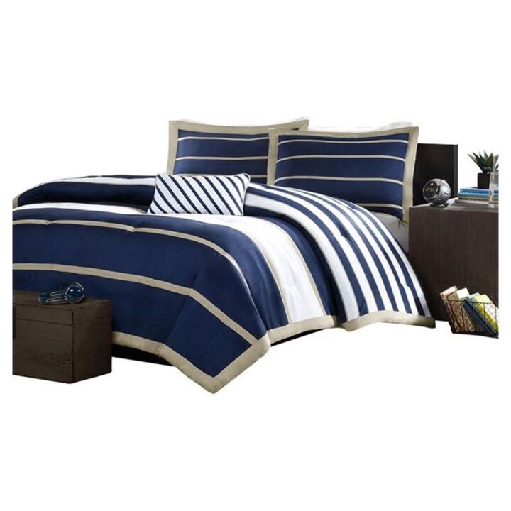 Hivvago Comforter Set in Navy Blue White Khaki Stripe