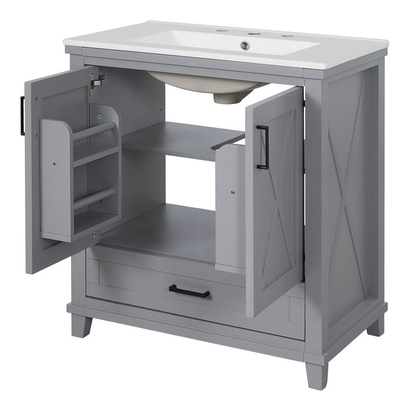 Whisen 30-inch Bathroom Vanity with Single Sink, Solid Wood Frame + MDF, 2 Soft-Close Doors, 1 Divided Drawer, Dual Storage Shelves