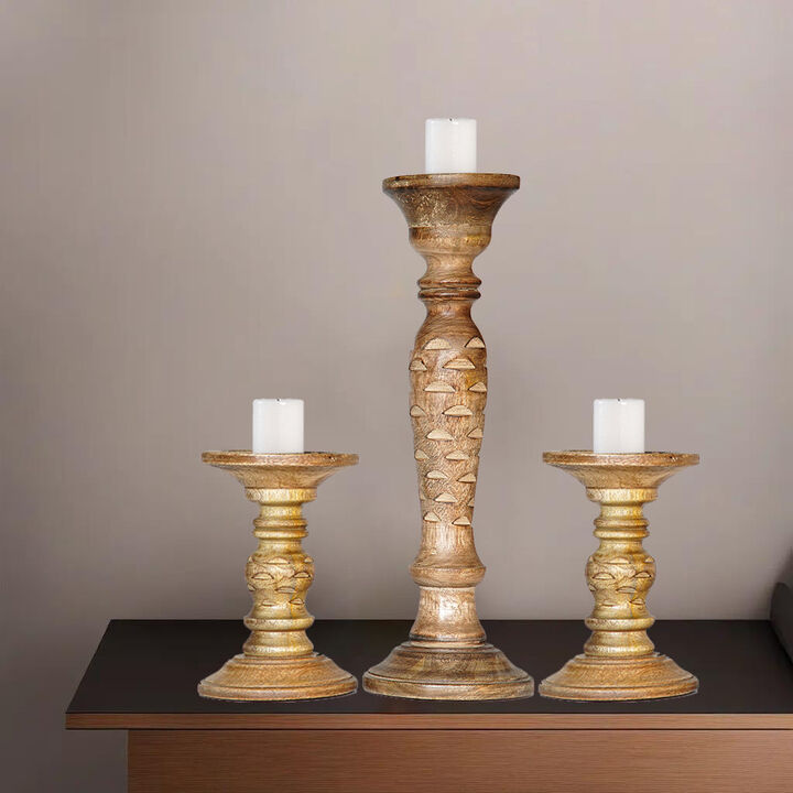Traditional Medium Burnt Eco-friendly Handmade Mango Wood Set Of Three 6",15" & 6" Pillar Candle Holder