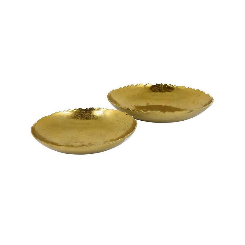Kim Set of 2 Decorative Bowls, Smooth Carved Edges, Glossy Gold Metal - Benzara