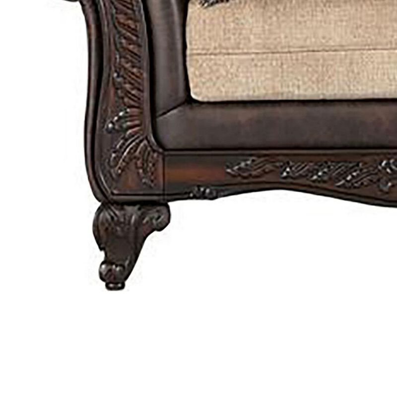 Miva Loveseat w Pillows, Classic Rolled Arms, Brown Faux Leather - Benzara - Benzara