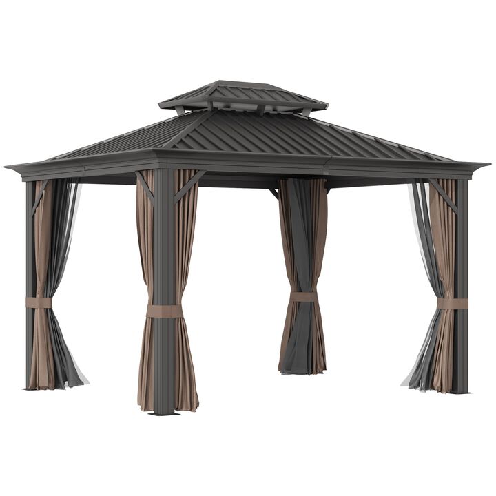 Patio Gazebo 20' x 12', Netting & Curtains, Double Vented Steel Roof, Permanent Hardtop, Aluminum Frame for Outdoor, Lawns, Dark Brown