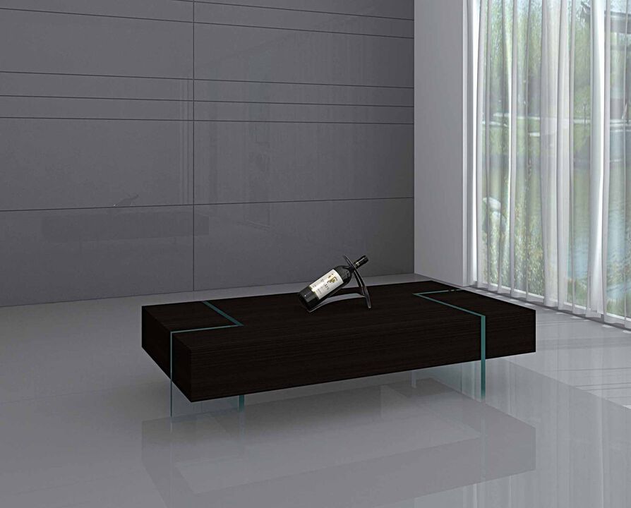 Coffee table with lacquer top and 15mm thick glass legs