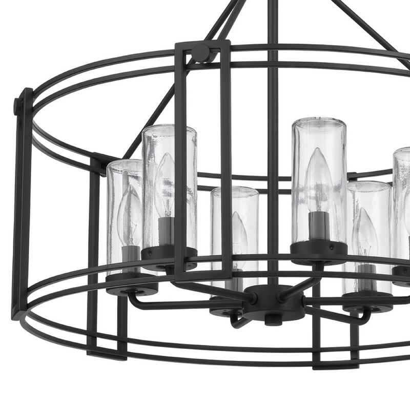 6 Light Chandelier, Caged Round Oval, Glass Shades, Black Metal 24 Inch image number 6