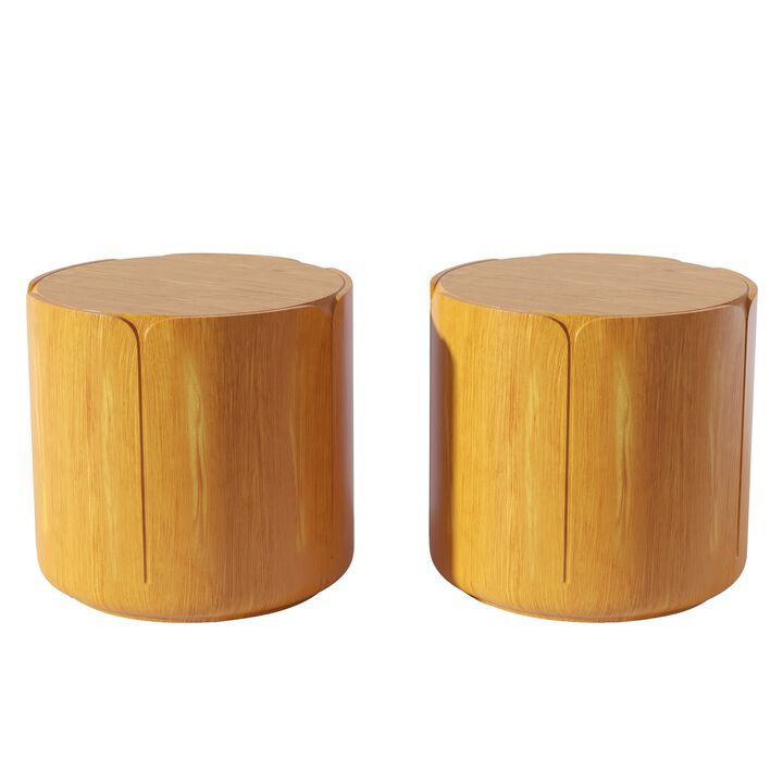 19.29"H Round Outdoor Indoor Side Table Set, Modern Wood Grain Patio Garden Stool Set, Set of 2