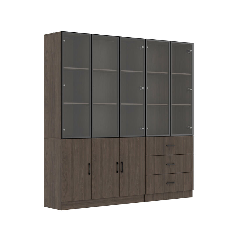 78.7&rdquo;W Display Cabinet Curio Cabinet with Light & Pop-up Glass Doors, Storage Cabinet Bookcase with 5-Tier Shelves & 3 Drawers for Living Room/Home Office, Dark Brown (78.7&rdquo;W x 15.7&rdquo;D x 78.7&rdquo;H)