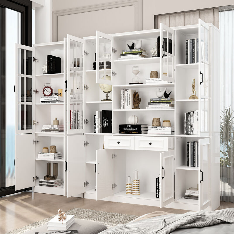 FUFU&GAGA White Bookcase Set –4-Door Bookcases + 8-Door Bookcase with Glass Doors and Black Handles – Modern Storage and Organizing Solution, (78.7 in. H x 94.5 in. W x 15.7 in. D),White