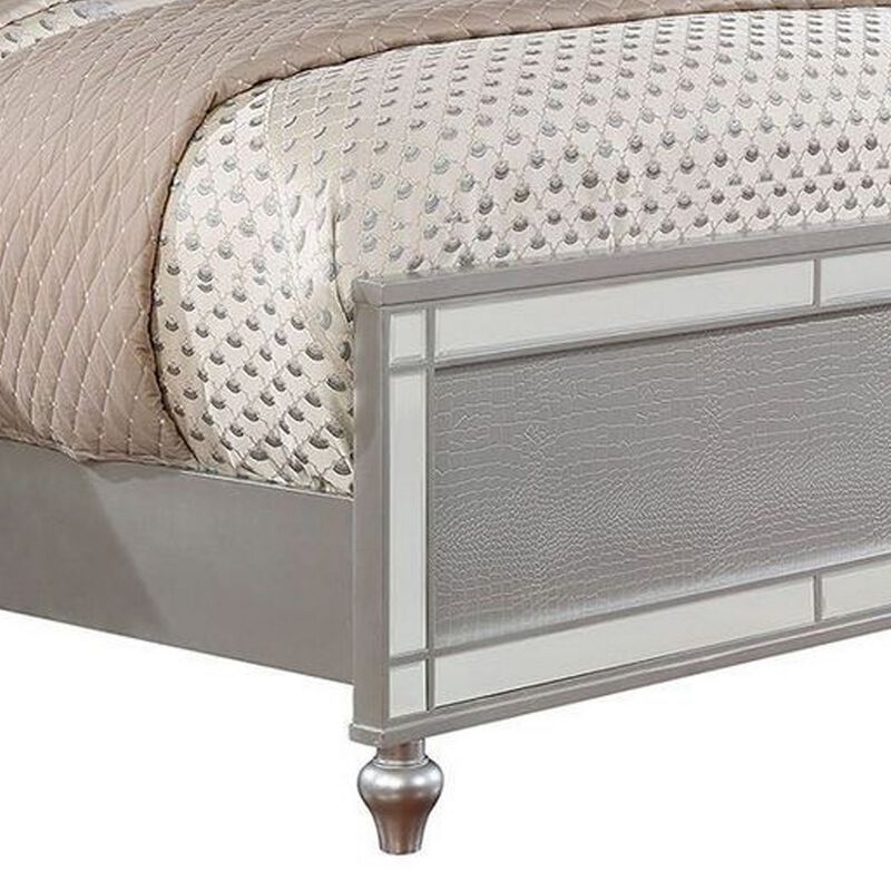 Contemporary Wooden Queen Size Bed with Ornate Bun Feet, Silver