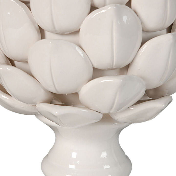 10 Inch Artichoke Accent Decor, Standing Turned Pedestal, White Ceramic-Benzara