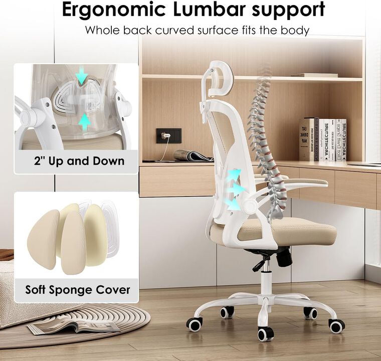 Petrimins Ergonomic Office Chair with 3-Layered Lumbar Support, Adjustable Headrest, Reclining Desk Chair with Flip-Up Armrests for Home, Office
