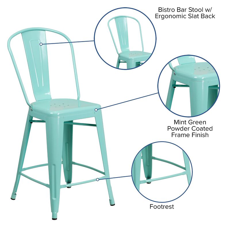 Flash Furniture Carly Commercial Grade 24" High Mint Green Metal Indoor-Outdoor Counter Height Stool with Back