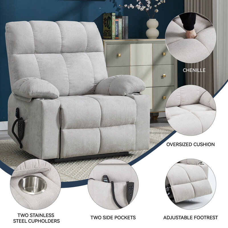 Dual Motor Infinite Position Chenille Power Lift Recliner Chair with Massage and Lumbar Heating
