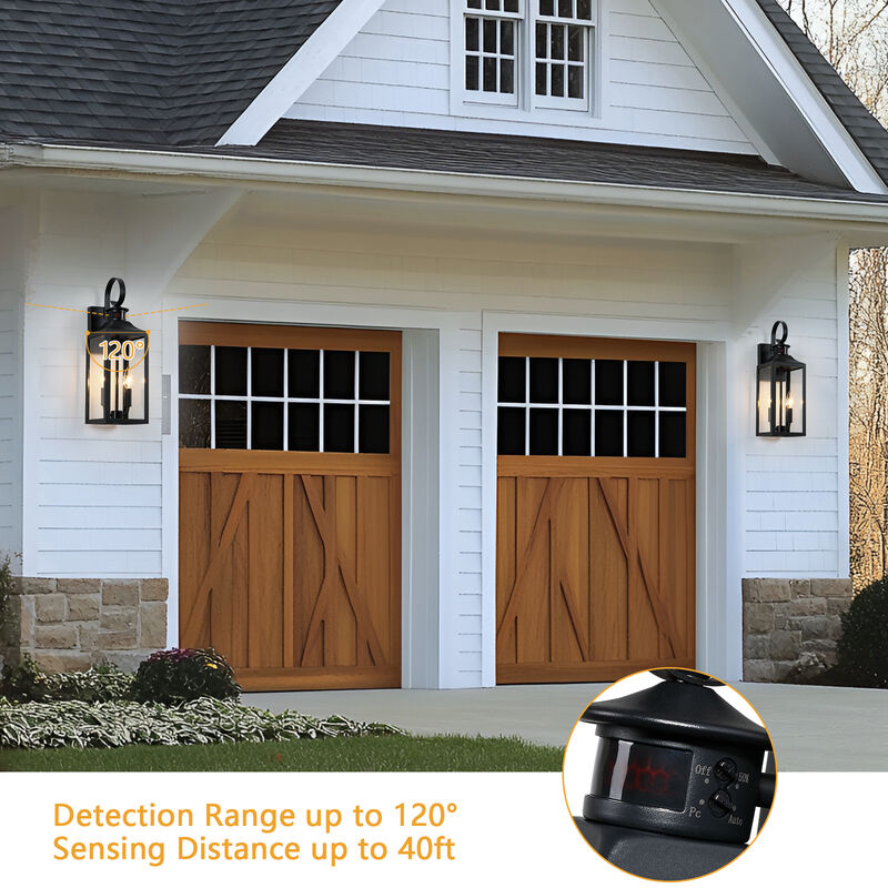 19 in. Modern Farmhouse Black 2-Light Dusk-to-Dawn Motion Sensor Outdoor Wall Lantern with Clear Glass Shade image number 6