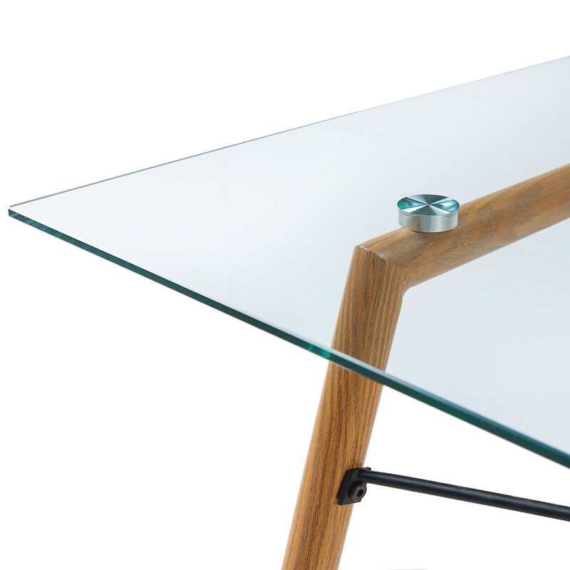 Minimalist Glass Top Dining Table with Wood Base, Natural image number 3