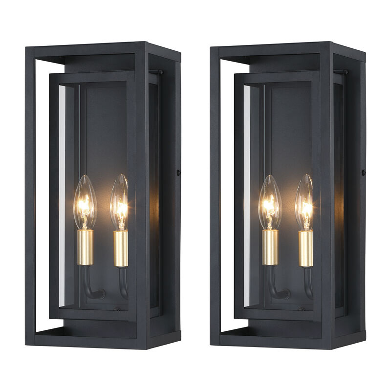 2-Pack 15 in. Traditional Farmhouse Sand Black and Gold 2-Light Outdoor Wall Lanterns with Clear Glass image number 0
