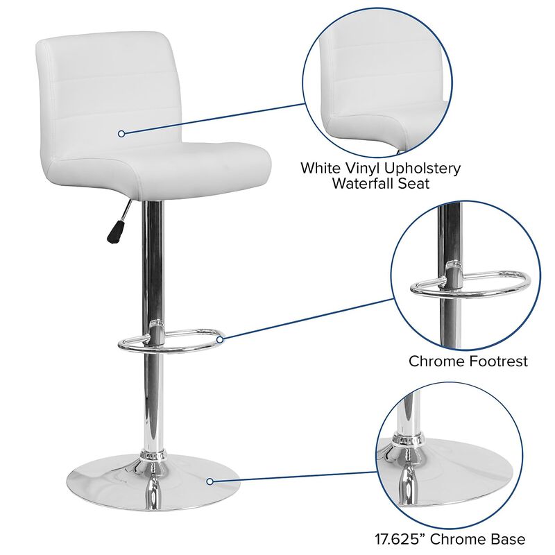 Flash Furniture Contemporary White Vinyl Adjustable Height Barstool with Rolled Seat and Chrome Base