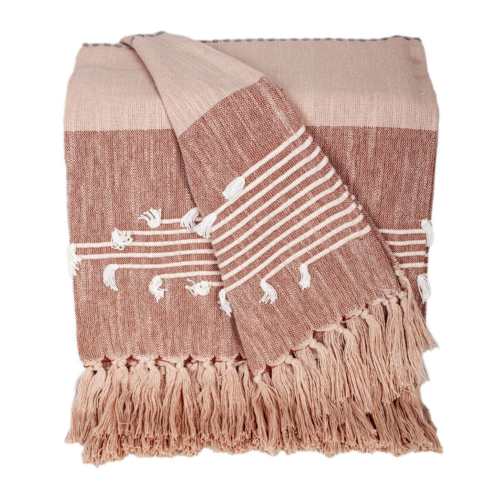 HomeRoots 50" X 60" Gray and Rust Woven Cotton Striped Throw Blanket with Fringe, Embroidery