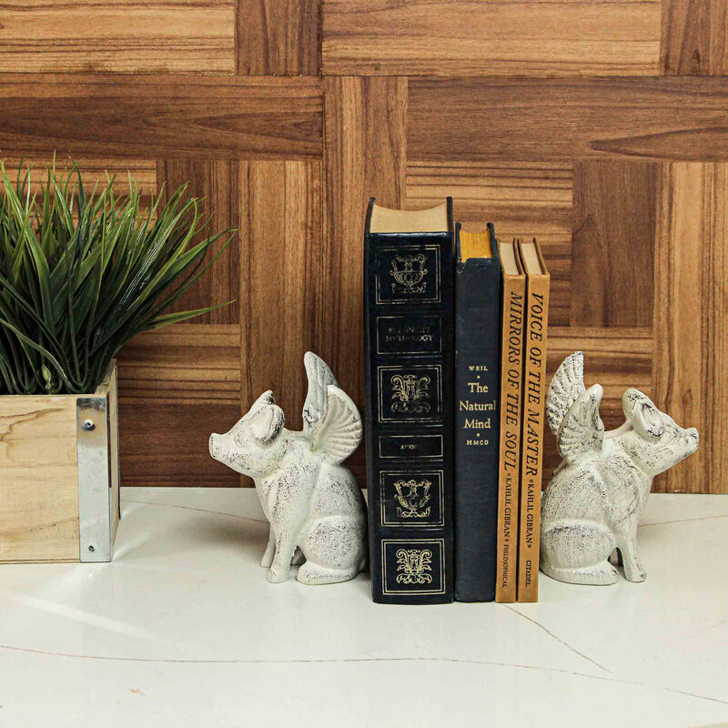 Set of 2 Cast Iron Distressed White Flying Pig Bookends Rustic Decorative Home image number 1