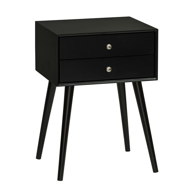 Modern Side End Table with 2 Drawers, Nightstand with Solid Wood Legs, Living Room, Bedroom Furniture, Black