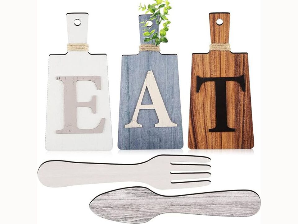 Rustic Cutting Board Eat Sign Set – Farmhouse Kitchen Wall Decor with Fork & Spoon Accents
