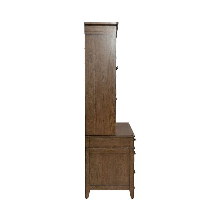 Liberty Furniture Credenza & Hutch with LED Light, Keyboard Tray - Amber Brown Oak Wood