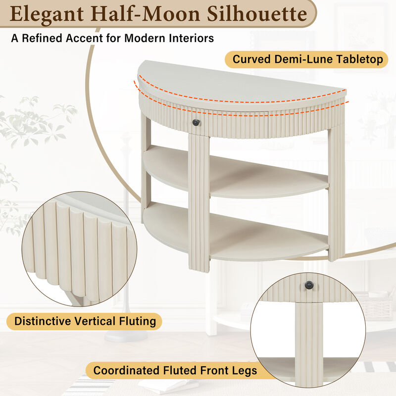Whisen Half Moon Console Table, Fluted Wooden Entryway Table with Drawer & 2 Shelves, Solid Wood & MDF for Living Room Hallway image number 6