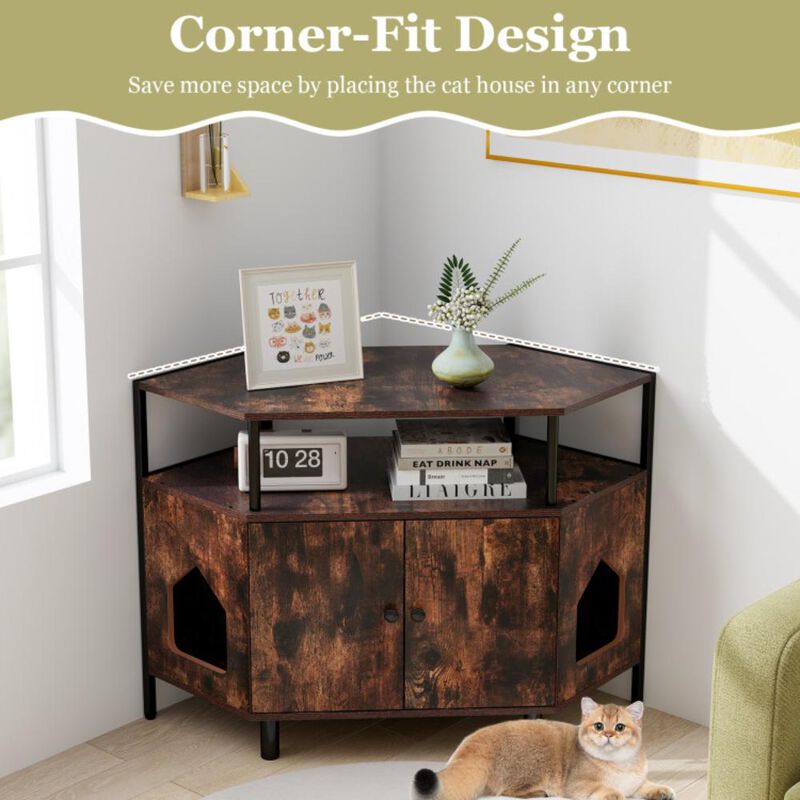 Hivvago Corner Cat Litter Box Enclosure with Open Shelf 2 Entrances and Metal Legs