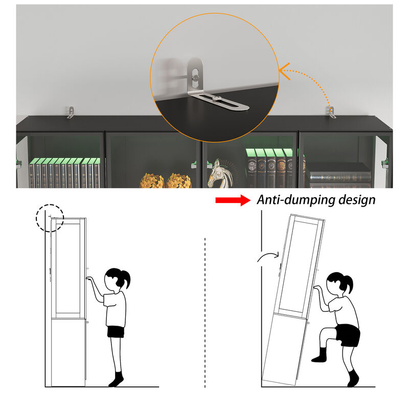 FUFU&GAGA Modern 8‑Door Display Cabinet with RGB LED Lighting, Tempered‑Glass Shelves, Aluminum‑Alloy Door Frames 63''L x 16.3''W x 78.7''H Black