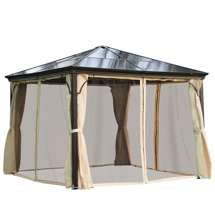 10x10 Polycarbonate Hardtop Gazebo, Gazebo Canopy with Aluminum Frame, Curtains and Netting for Garden, Patio, Backyard, Beige