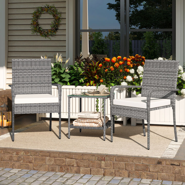 3 Piece Balcony Patio Furniture Set with Seat Cushions and Tempered Glass Tabletop