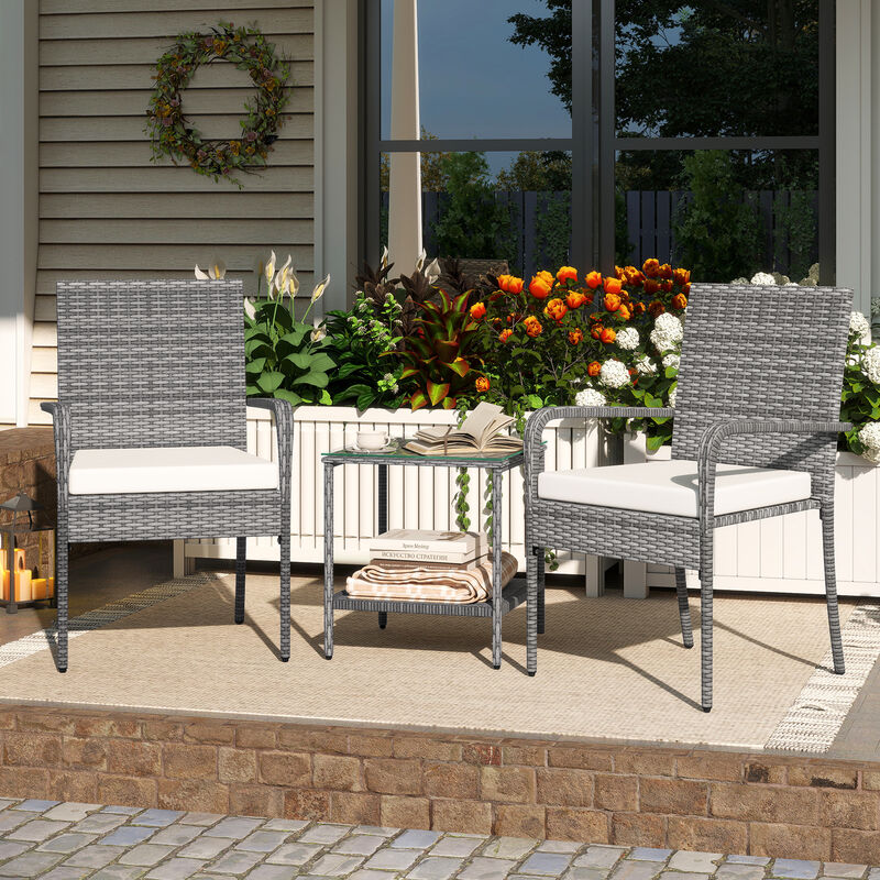 3 Piece Balcony Patio Furniture Set with Seat Cushions and Tempered Glass Tabletop image number 1